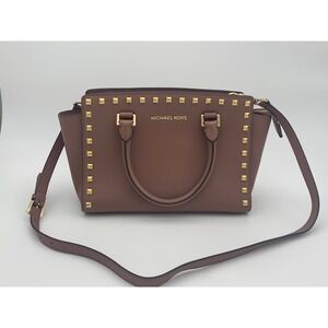 Michael Kors Selma Medium Studded Saffiano Leather Satchel Mauve Gold Hardware